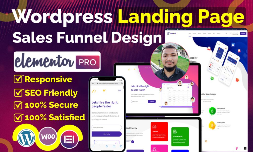 I will design elementor landing page sales funnel squeeze page 5 elementor landing page